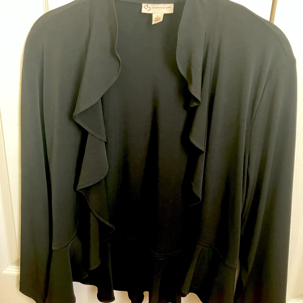 Black  Ruffle Bolero-Style
Jacket size Large.  Has never been worn.
